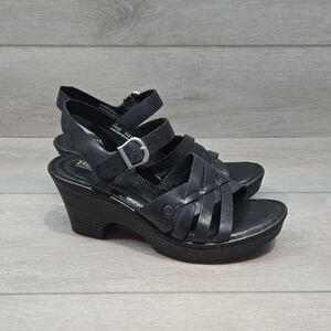 Black Women's Strappy Leather Wedge Heels Sandals  Shoes Sz 6M
